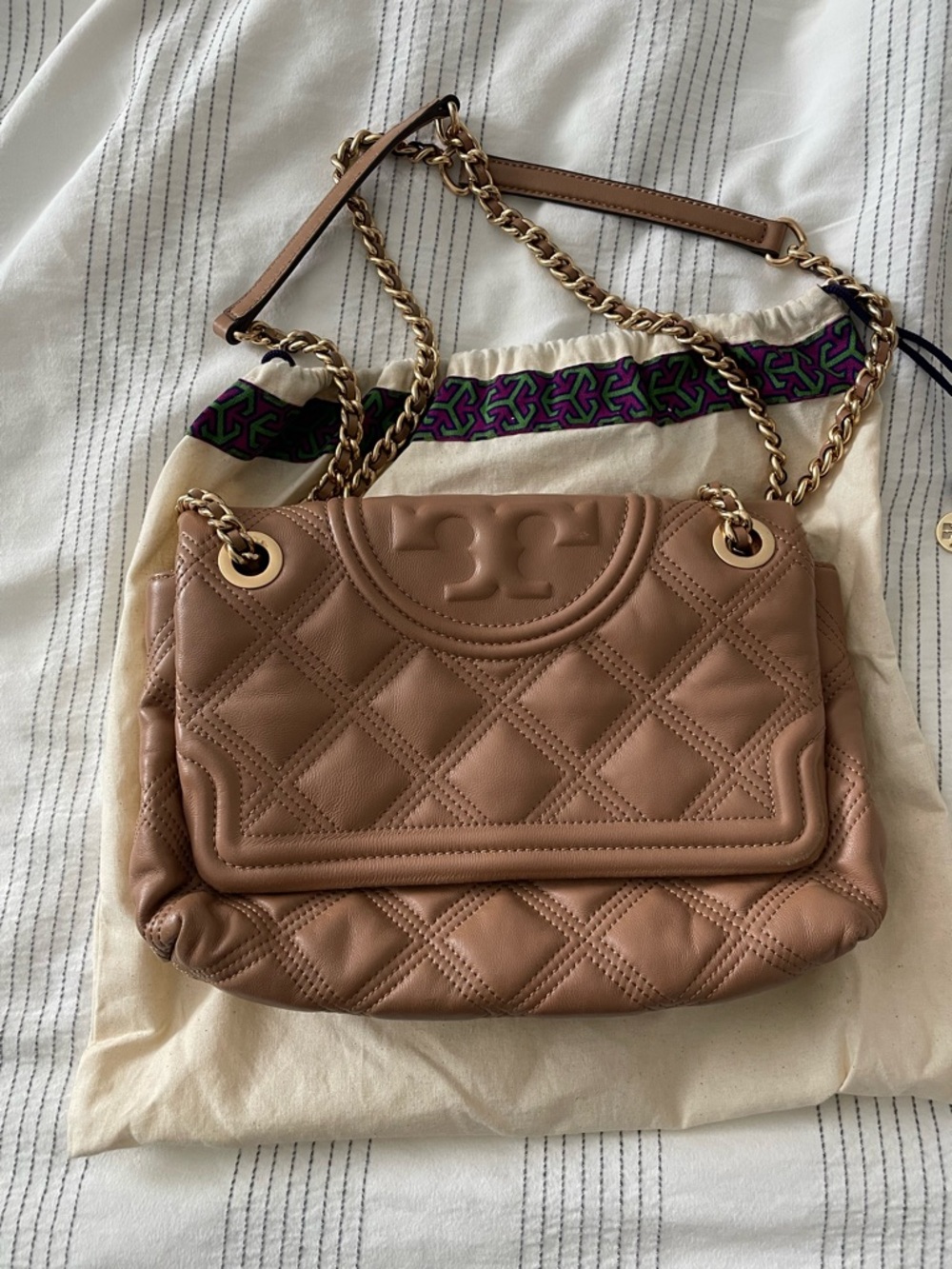 Tory Burch Quilted Tan Leather Chain Shoulder Bag with Gold Hardware
